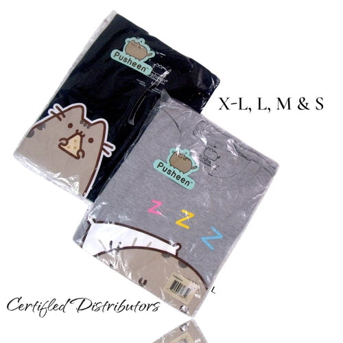 (Set of 2) Pusheen the Cat T-Shirt (Sizes: S, M, L, or XL) 1-Grey & 1-Black, New