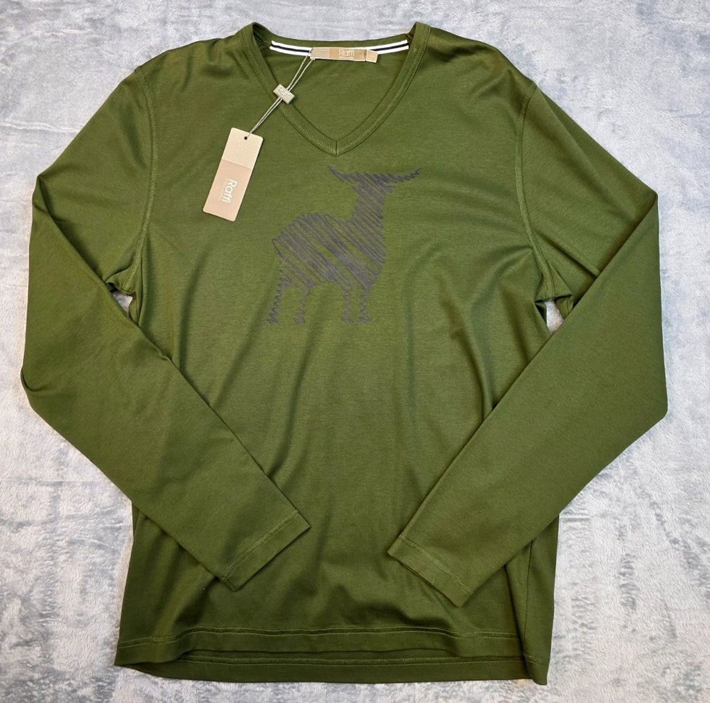 $75 New RAFFI Long Sleeve V-Neck Graphic T-Shirt Men LARGE L EU 52 Green Cotton
