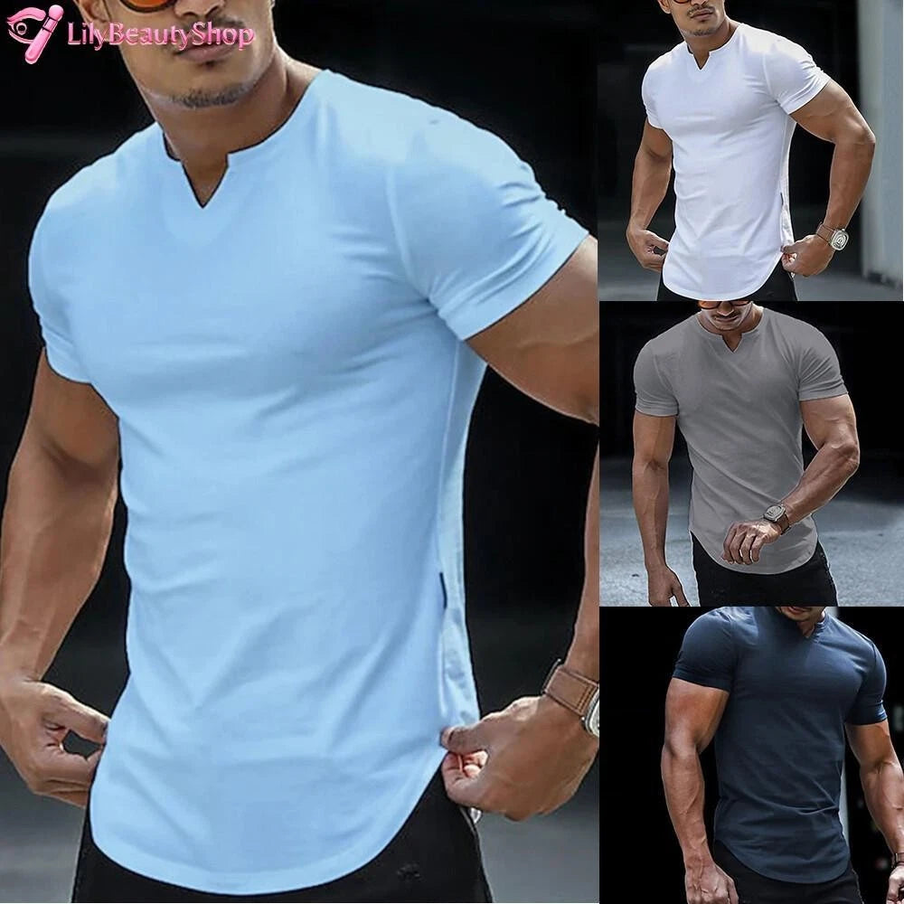 Men Solid V Neck T Shirt Short Sleeve Summer Tops Skinny Tees Casual Stretch