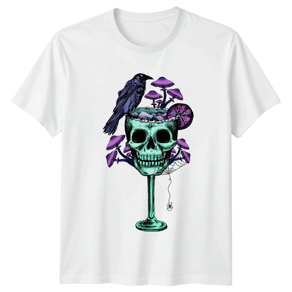 Vintage Skull Raven Mushrooms T-Shirt Gothic Dark Fantasy Birthday Gift