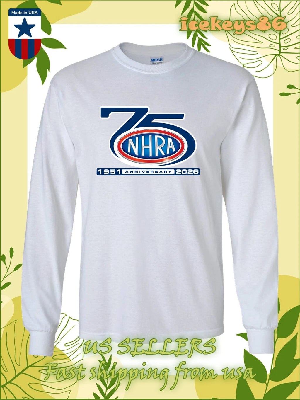 New Tee NHRA 75th Anniversary Logo Men's Long Sleeve T-Shirt American T-Shirt