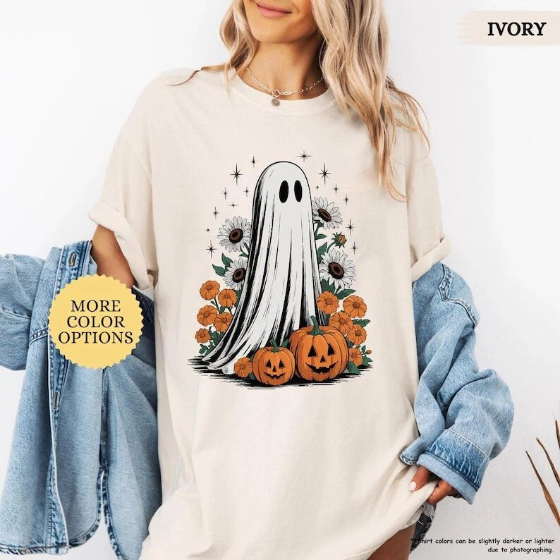 Halloween Shirt Retro Floral Ghost Tee, Cottagecore Fall Ghost TShirt, Vintage P