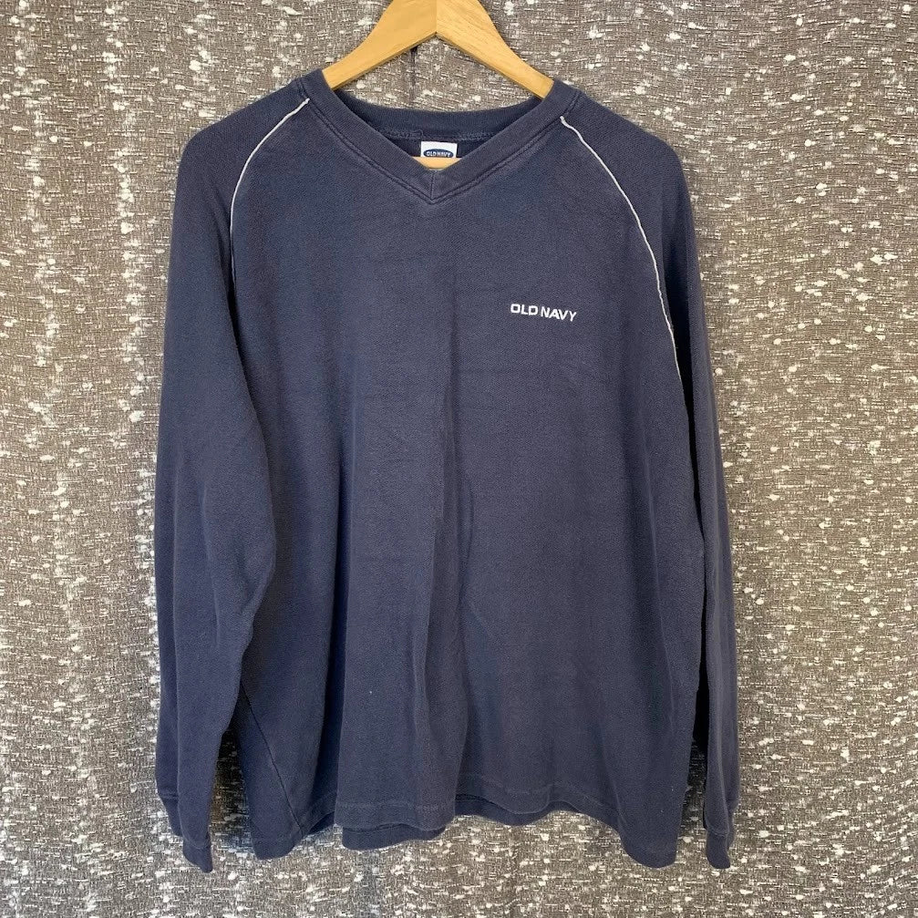 Vintage Y2K Old Navy Blue V-Neck Pullover Shirt Long Sleeve Men's XL