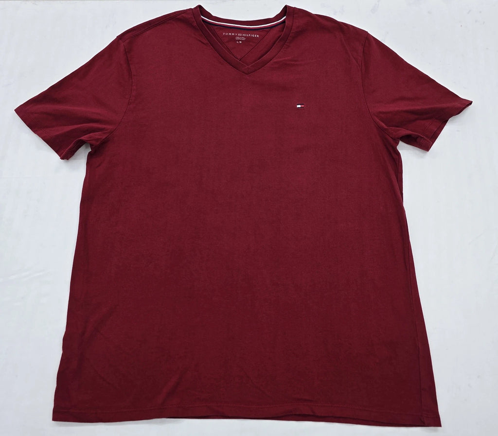 Tommy Hilfiger Men's Burgundy V-Neck T-Shirt Size L 100% Cotton Logo