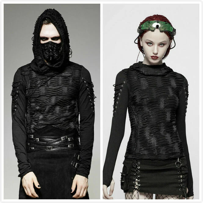 Punk Men Long sleeves Hooded Black Steampunk Gothic Top Rock Visual Kei T-Shirt