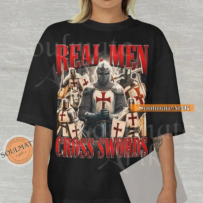 Real Men Cross Swords Shirt, Funny Hilarious Knight Bootleg Tshirt, Meme Joke Co