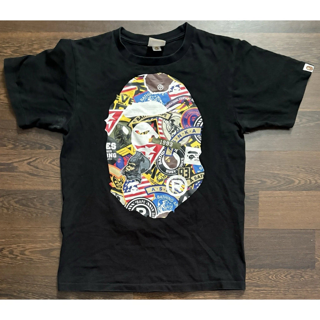Rare Find Authentic ape bape Bape Black Patched Big Ape Head Tee Mens Sz S