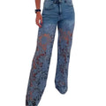 new High Waist Wide Leg Jeans Pants Summer Fashionable Lace Splicing Hollow Out