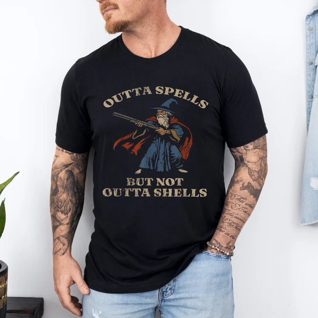 Outta Spells But Not Outta Shells Wizard Fantasy Meme T-Shirt