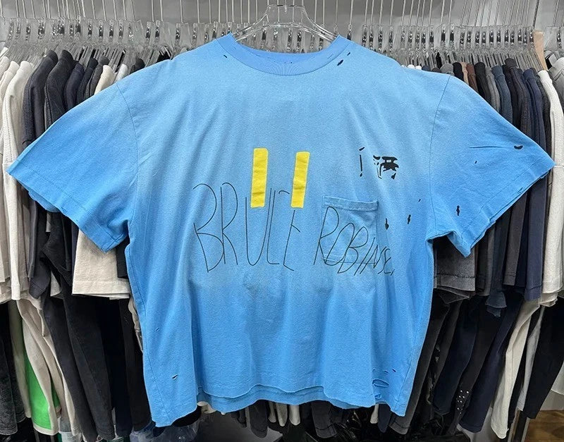 Bruce Robinson Paly Mens Blue Cotton Distressed Holes Chest Pocket T Shirt