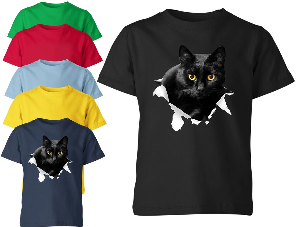 Black Cat Ripped T-Shirt for Unisex Kids Cute Cat Peek Out Graphic Tee Gift