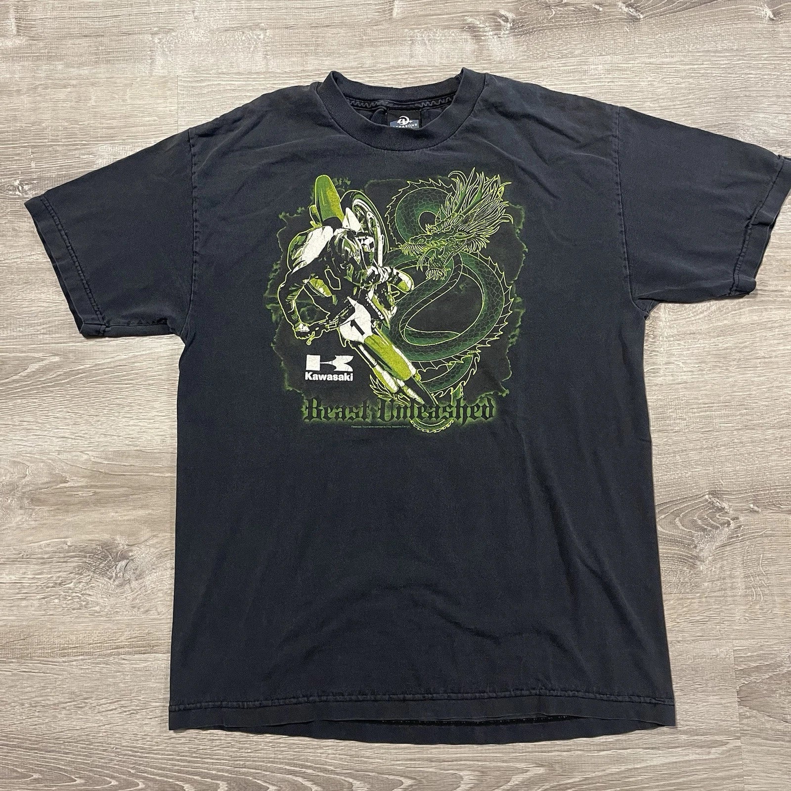 Vintage Y2K Kawasaki T-Shirt Motorcycle Dragon Graphic Mens Size L Faded