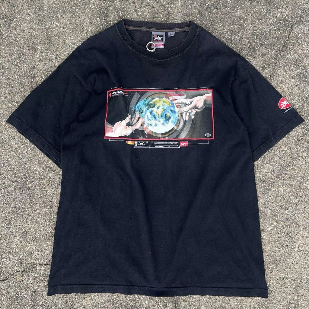 JNCO Jeans Graphic T-Shirt Fade Black Y2K Street Style Size L