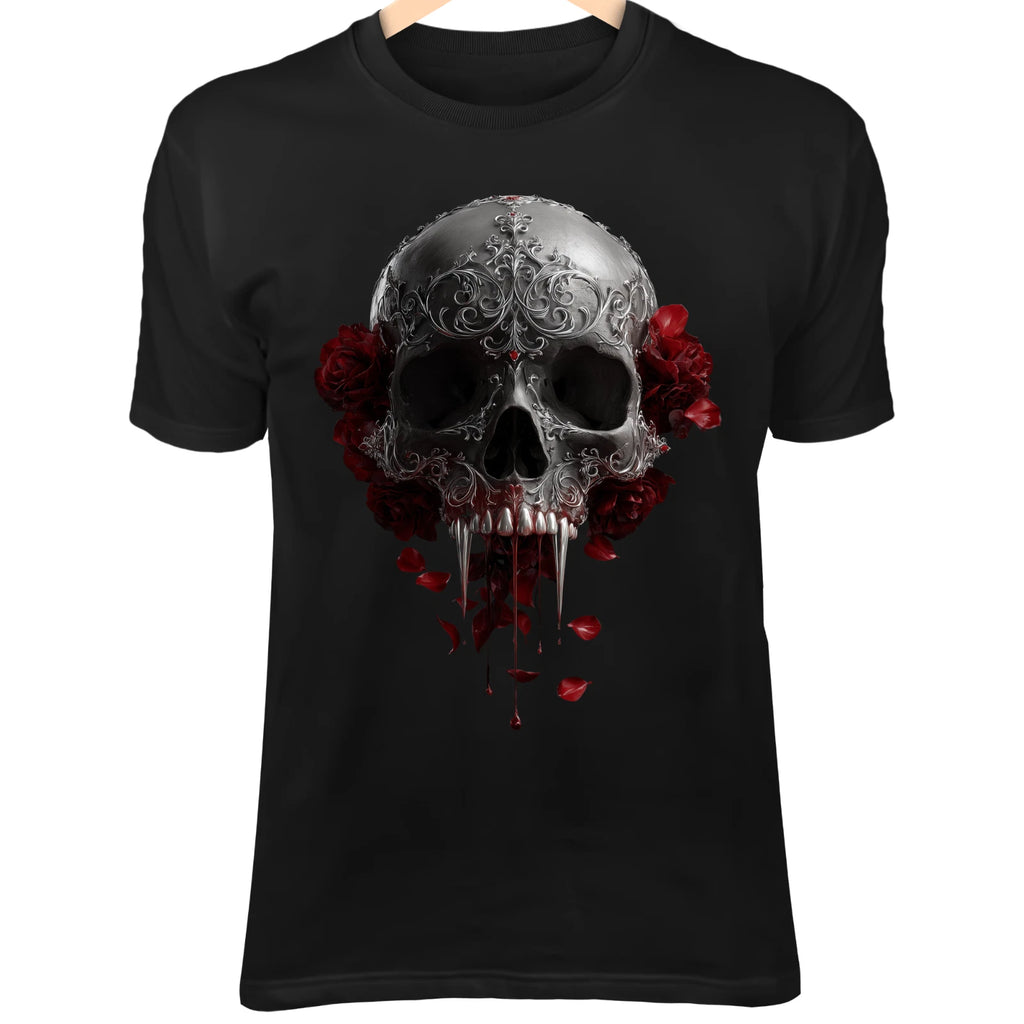 Vampire Skull T-Shirt – Blood Dripping Fangs, Gothic Filigree, Dark Rose Art