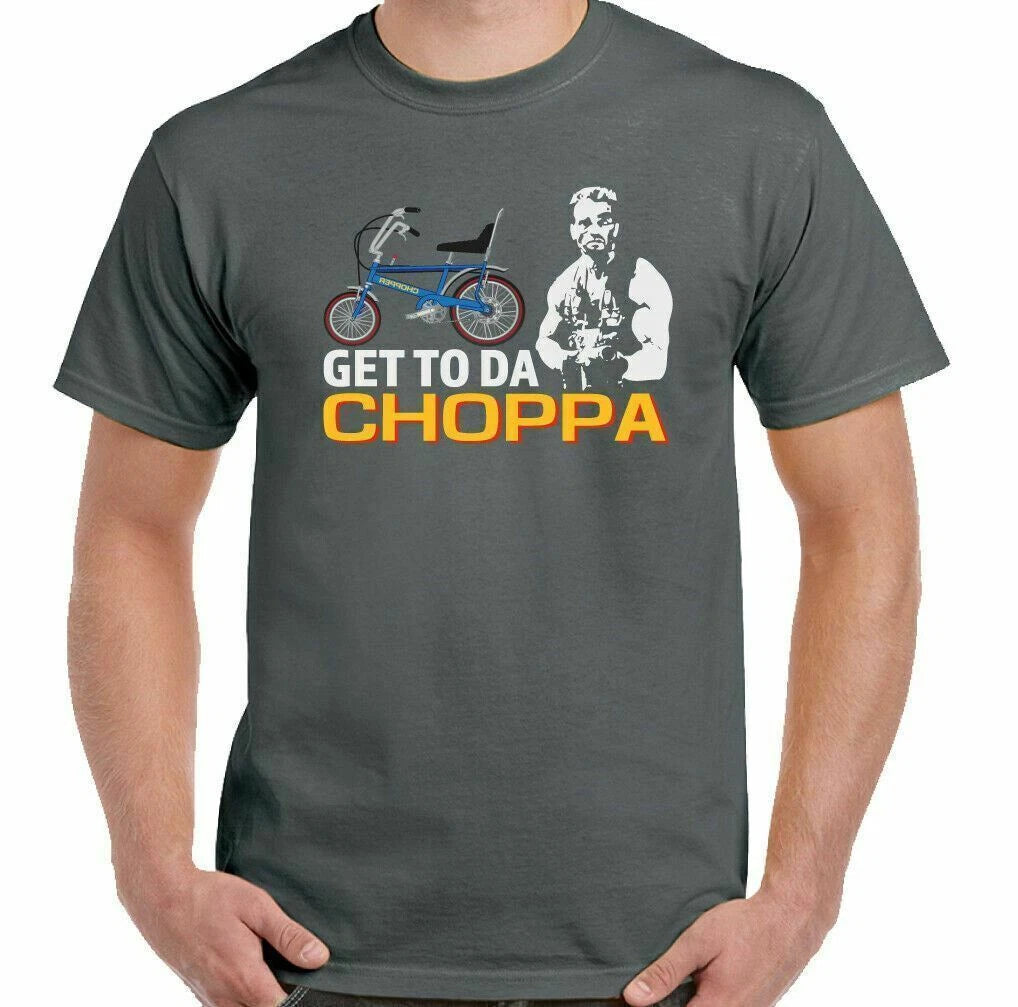 GET TO DA CHOPPA T-Shirt Raleigh Bicycle Bike Cycle Mens Funny Chopper Arnie Top