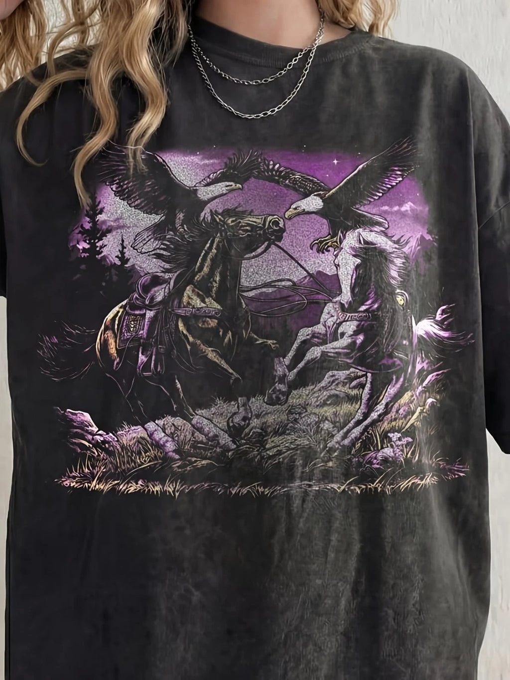 Western Cowboy Graphic T-Shirt Wild Horse Bald Eagle Country Animal Shirt