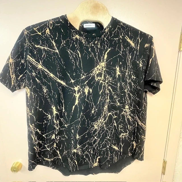 LieGou Mens 3XL Black Gold Marble Graphic Print T-Shirt Curved Hem Cotton Blend