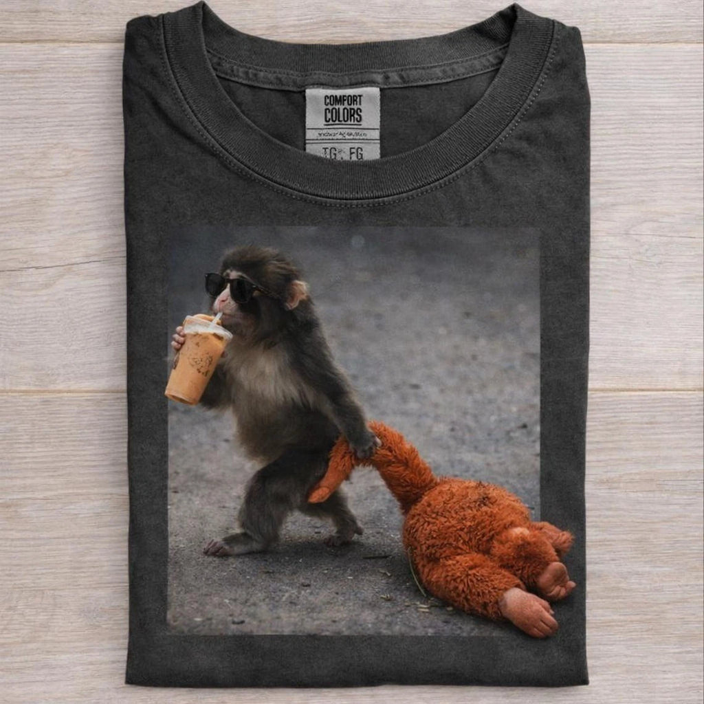 Baby Monkey Punch Drinking Iced Coffee Shirt, Animal Lover Gift, Trendy Tee