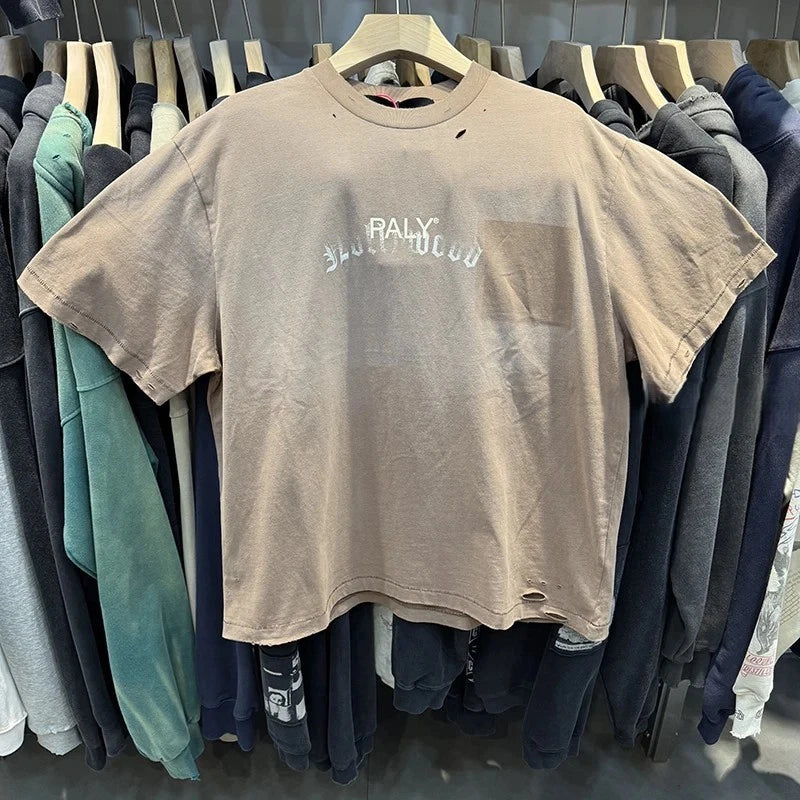 Faded Hollywood Motorcycle Font Paly Mens Beige Cotton T Shirt