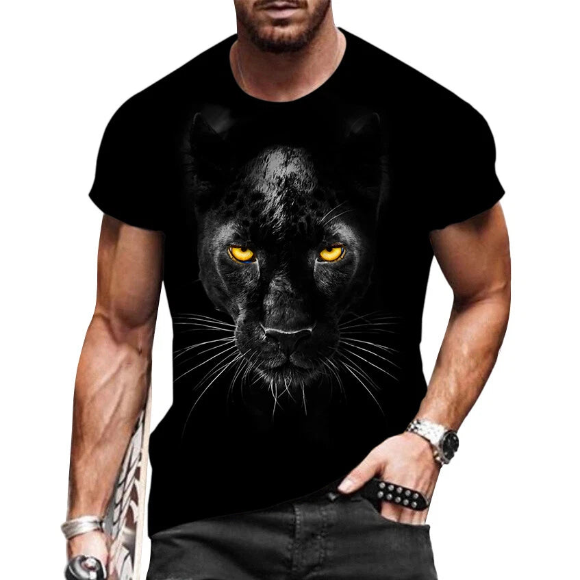 T Shirt Men Fashion Short Sleeve Panther Gaze Print T-Shirt Streetwear Black Tee