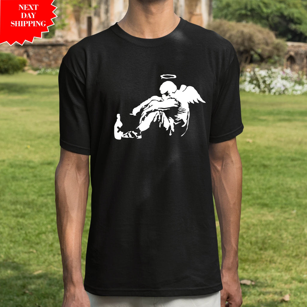 Banksy Drunken Angel T Shirt Urban Graffiti Street Art Printed Fallen Angel Top