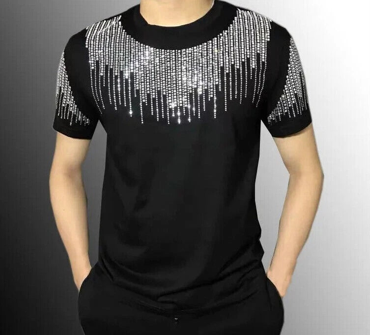 New Men Luxury Diamond Rhinestones Fashion T-Shirt High Quality 4 Colors