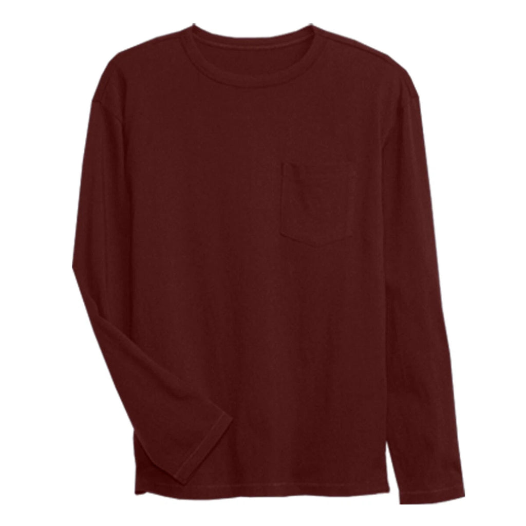 Mens Long Sleeve T-Shirt Plain Crew Round Neck Casual 100% Cotton Pocket Tee Top