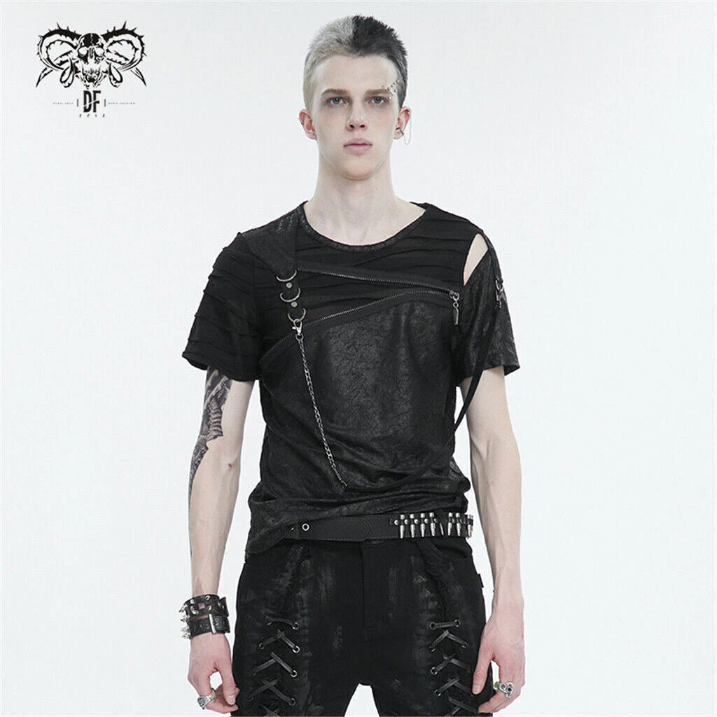 Devil Fashion Men Black Punk Zipper Decoration Short Sleeve T-Shirt Casual Tops