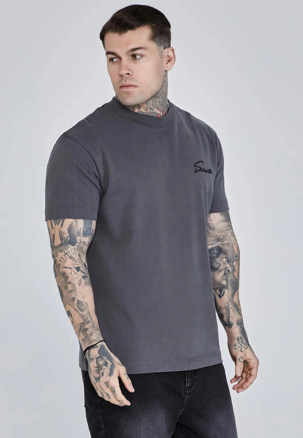 SikSilk Men's Grey Script T-Shirt Small