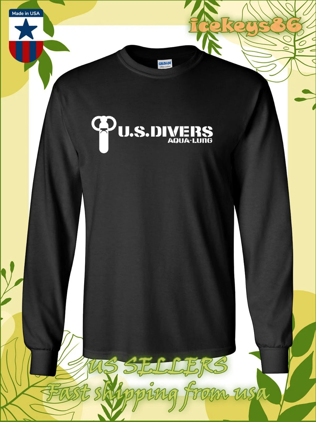 New Tee Aqua Lung U.S. Divers Logo Men's Long Sleeve T-Shirt American T-Shirt