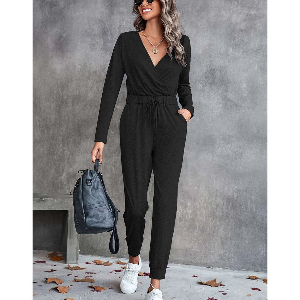 Long Sleeve Jumpsuit Stylish Deep V Neck For Parties Women Pure Color