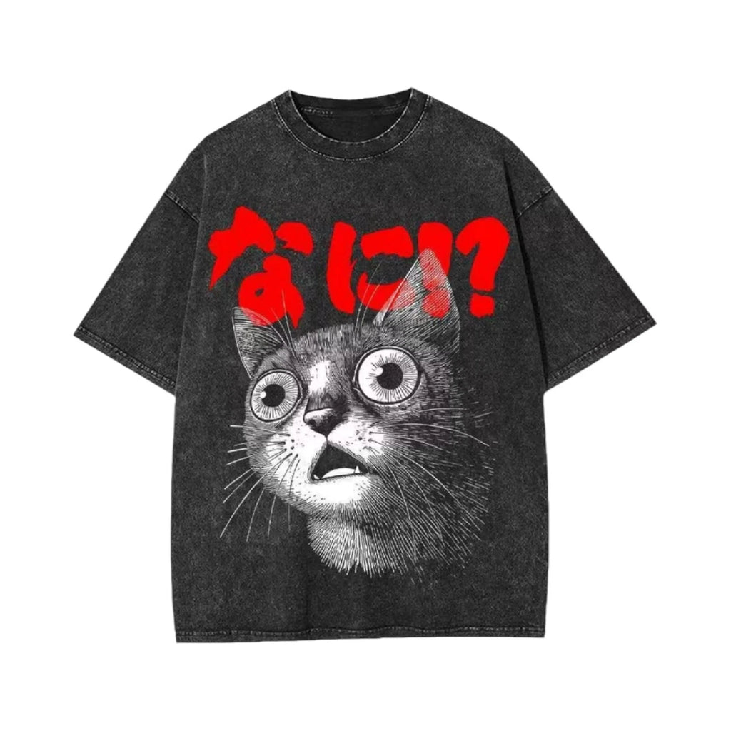 Black T-Shirt Size L Cat Kawaii Manga Vintage Graphic Streetwear Y2K Cotton