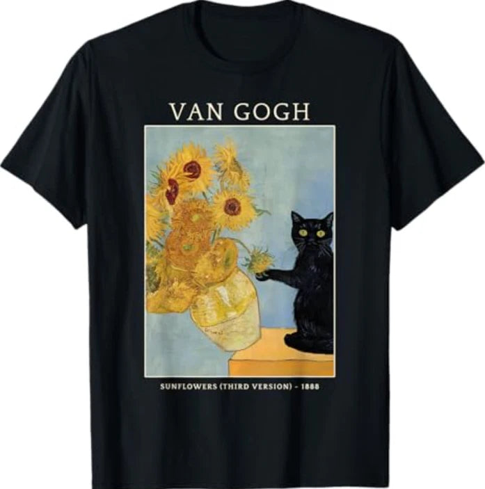 Funny Cat & Sunflowers Van Gogh Art Parody Vintage T-Shirt