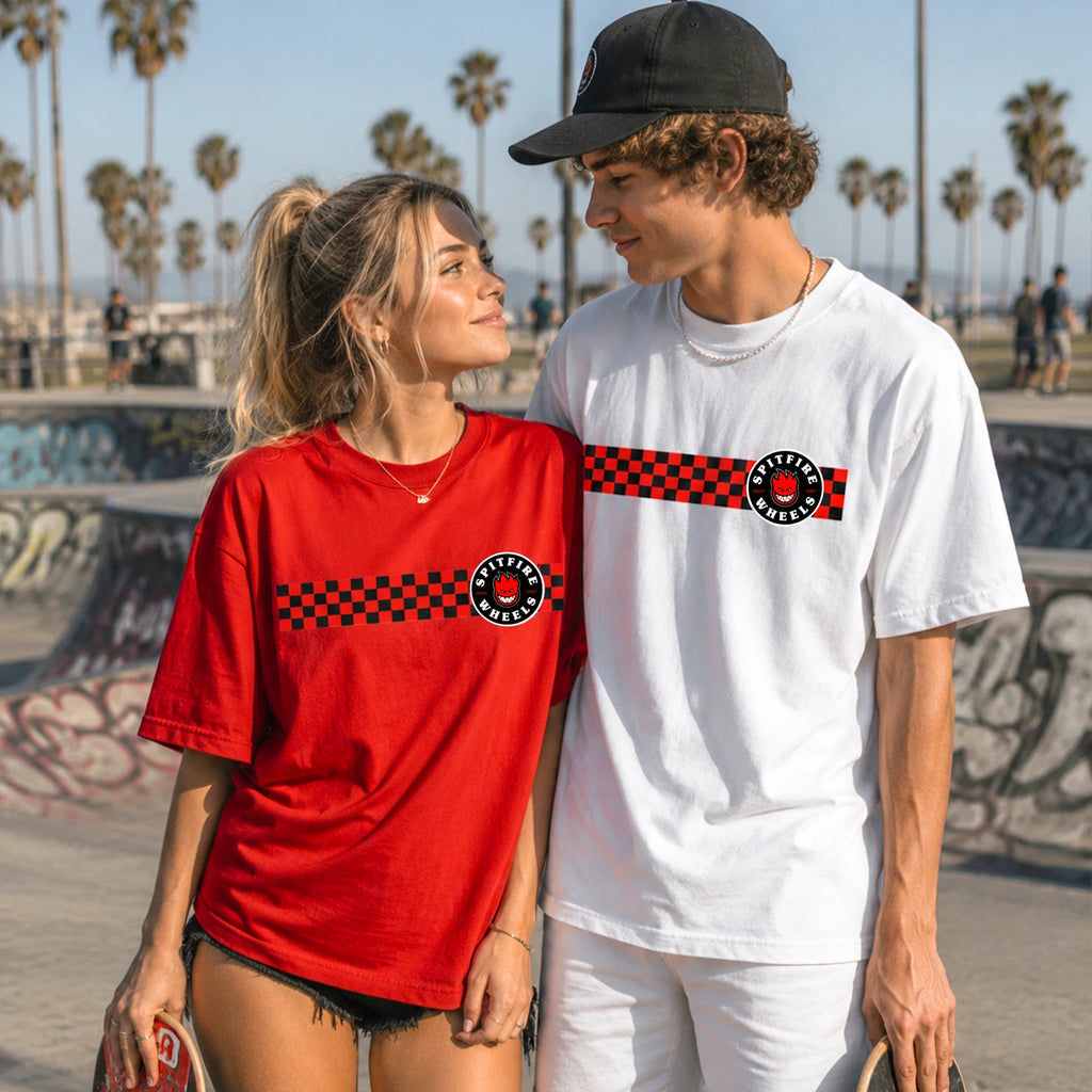 Spitfire Wheels Checkerboard T-Shirt Skateboarding Streetwear Red Black Tee