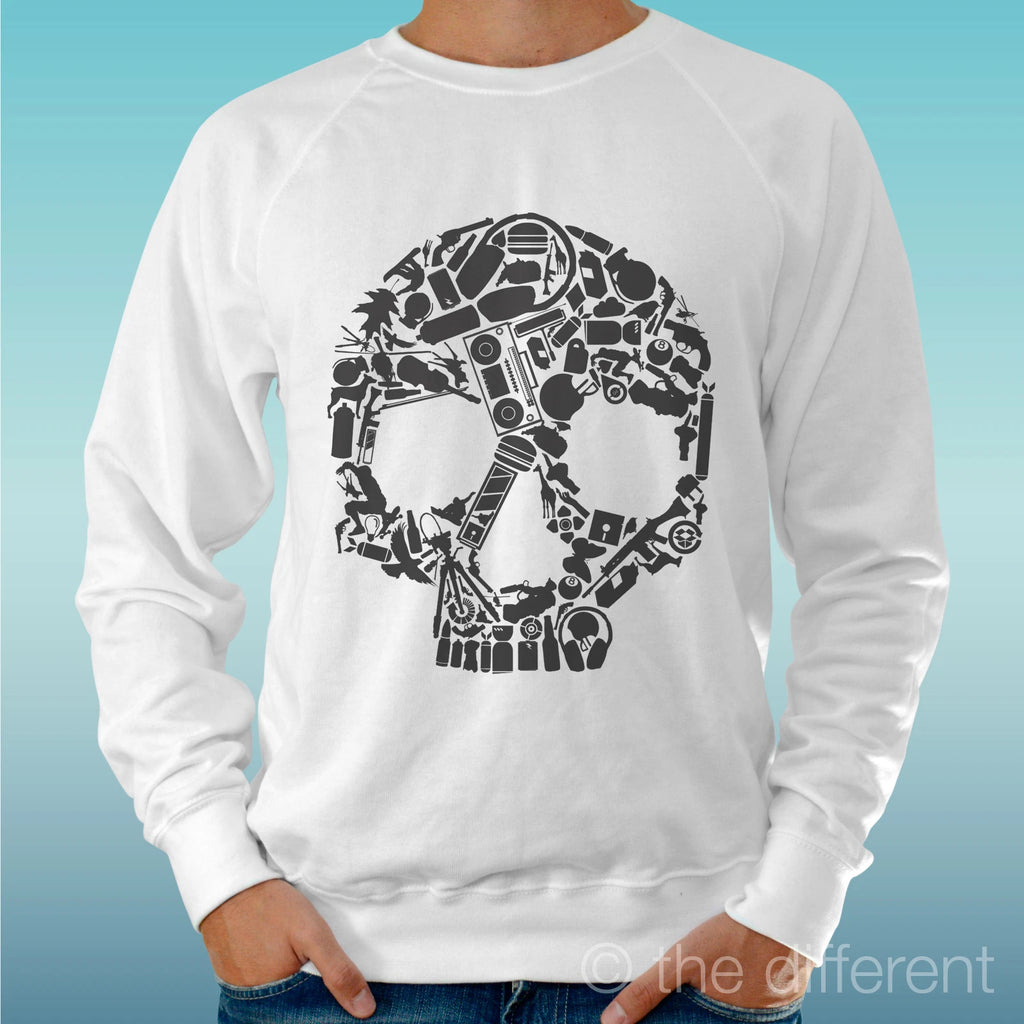 Felpa Man Light Sweater White " Skull Lines Draw Music " Road To Happiness