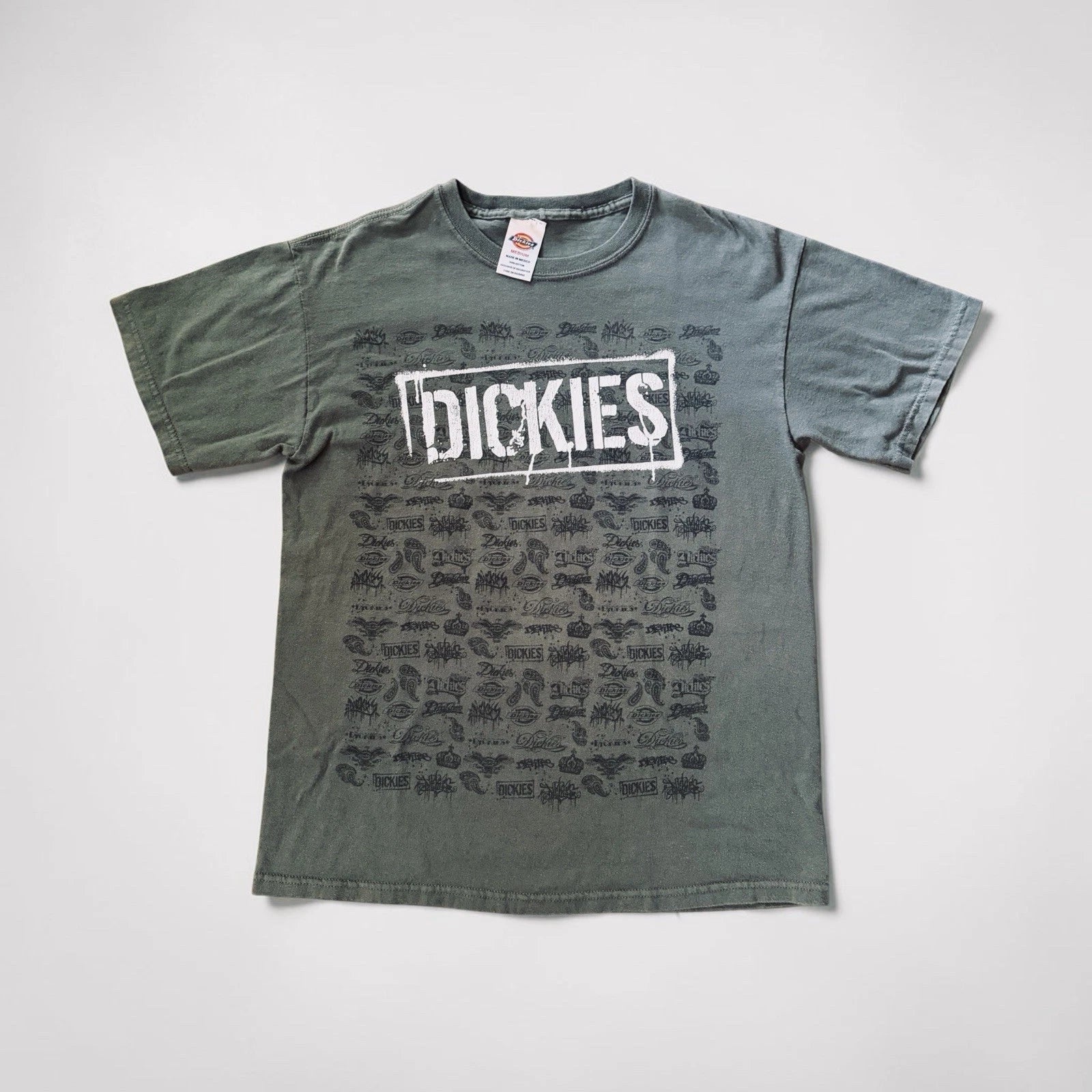 Vintage Dickies Graphic Skater T-Shirt – Green All-Over Logo Print – Size Medium