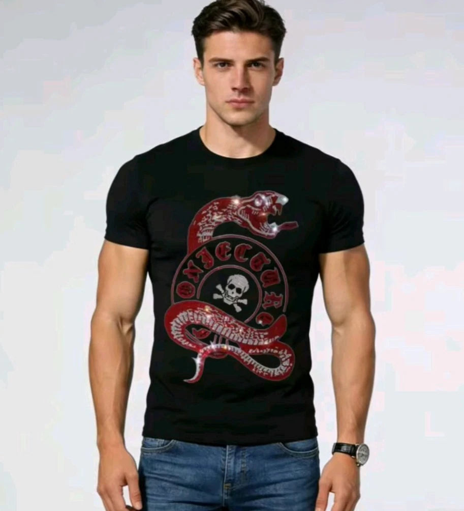 New Men Luxury Diamond Snake Rhinestones Fashion Gothic T-Shirt High Quality