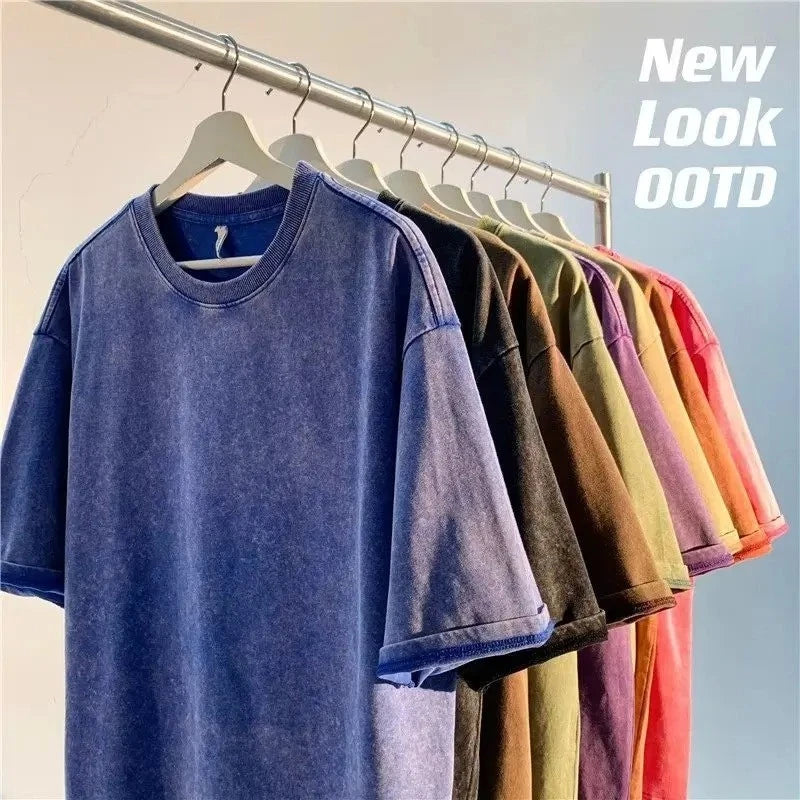 Heavyweight Oversized T-Shirt Vintage Washed Streetwear Solid Color Unisex
