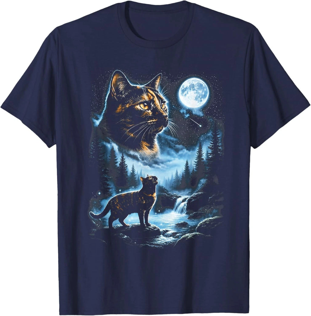 Cute Tortoiseshell Cat Howling at the Moon T-Shirt Celestial Cat Lover Gift Navy