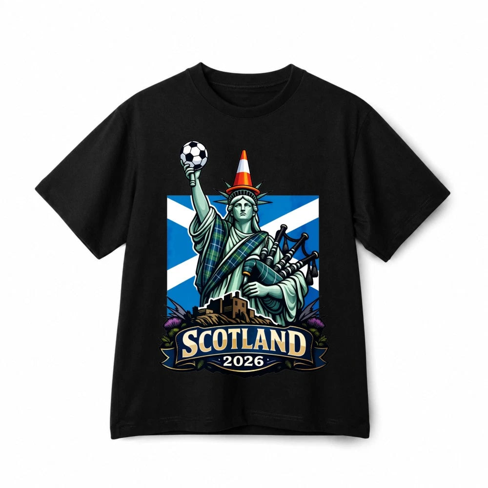 Scotland 2026 Liberty Statue Soccer Bagpipes Retro Graphic Cotton T-Shirt Unisex