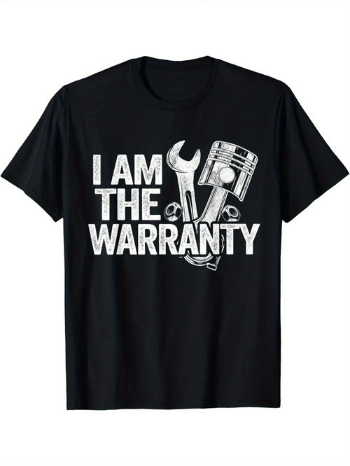 1pc Mechanic Humor Cotton T-Shirt, Geometric-Patterned "I Am The Warranty" Print