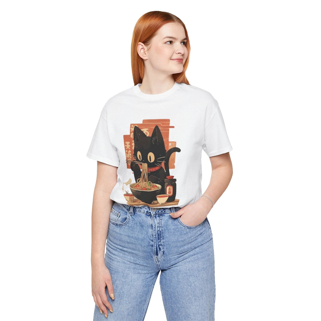 Cartoon Black Cat Unisex Tee - Funny Cat Eating Pho Shirt