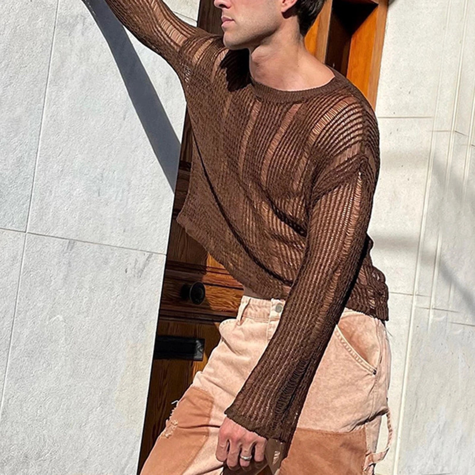 Men Long Sleeve T Shirt Pure Color Stylish Charming Weaving Mesh Hollow