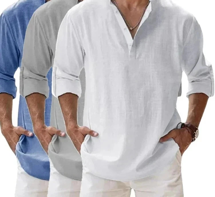 Men's Cotton Linen Henley Long Sleeve Shirt Casual Beach T-shirt Tee Summer Gift