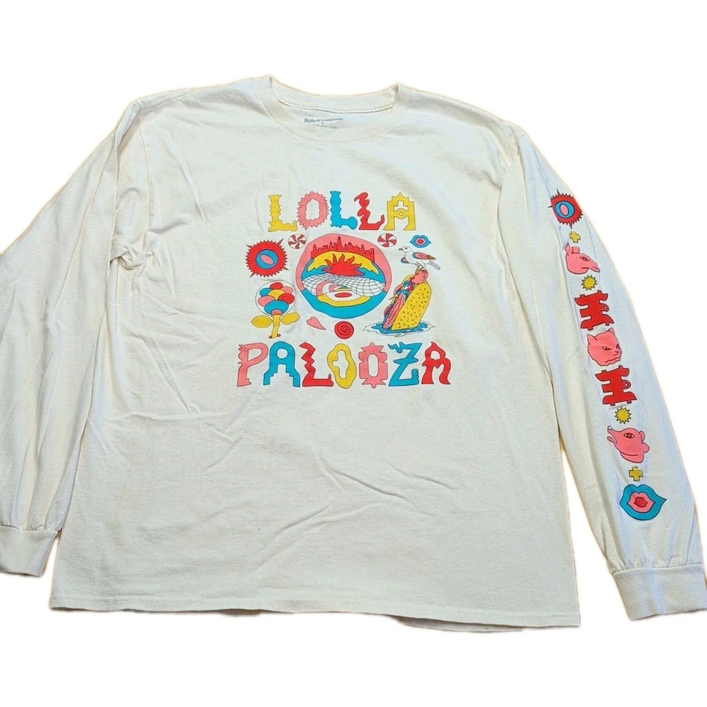 Lollapalooza Graphic Print Long Sleeve T-Shirt White Cotton L Chicago 2023