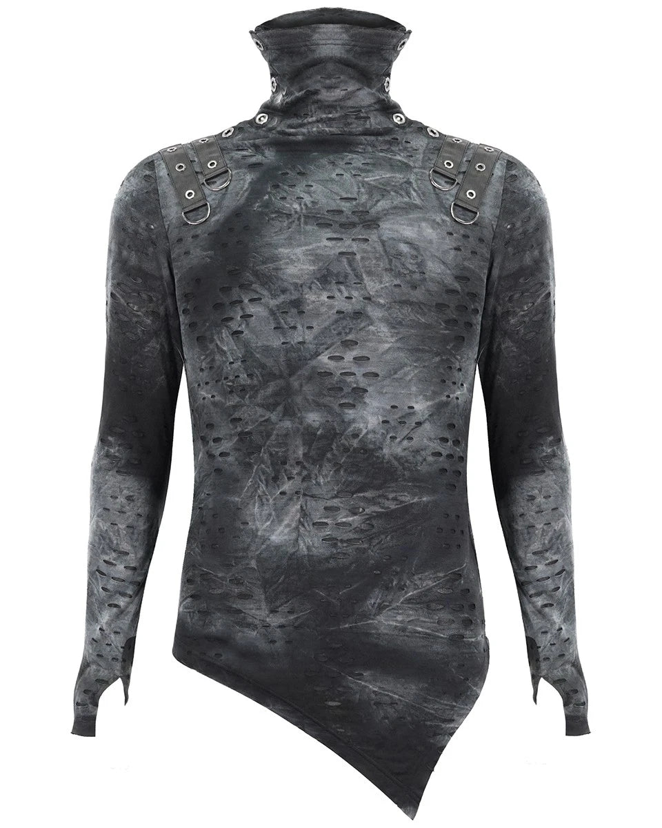 Devil Fashion Mens Gothic Apocalyptic Punk Shredded Broken Knit Top Grey Black