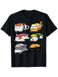 Unisex Kawaii Sushi Cat Graphic T-Shirt - 100% Cotton, Black with Playful Neko D