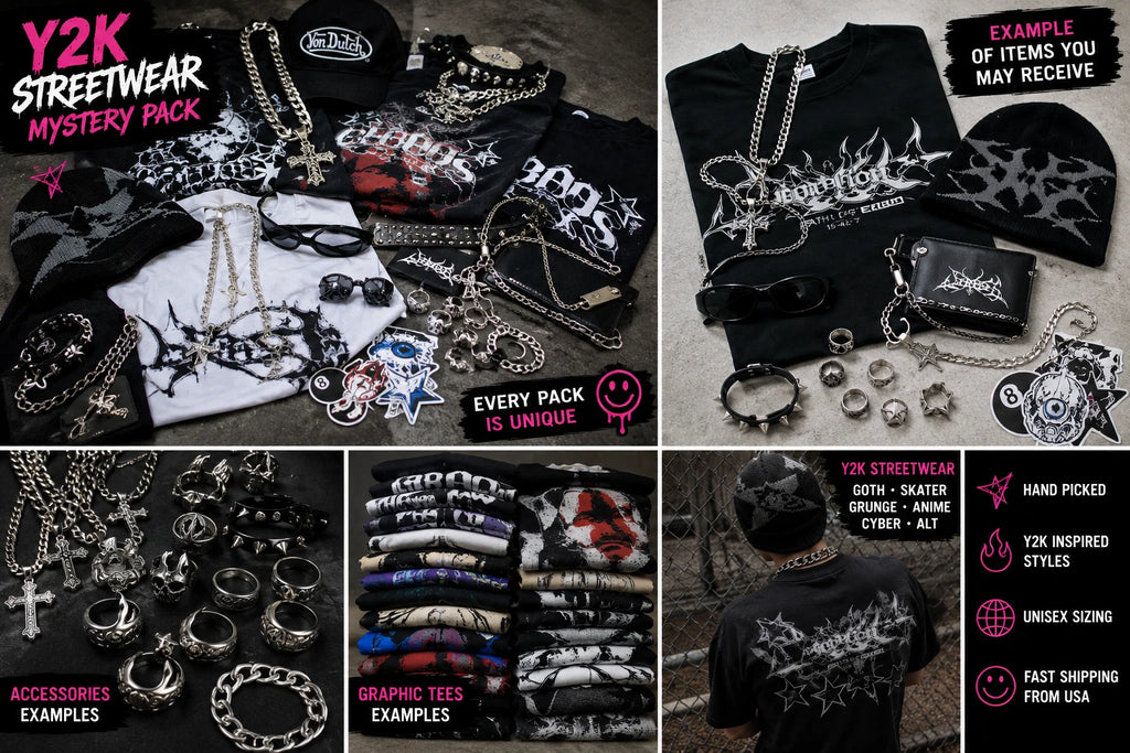 Y2K Streetwear Mystery Box Graphic Tee + Accessories Surprise Pack Goth Skater