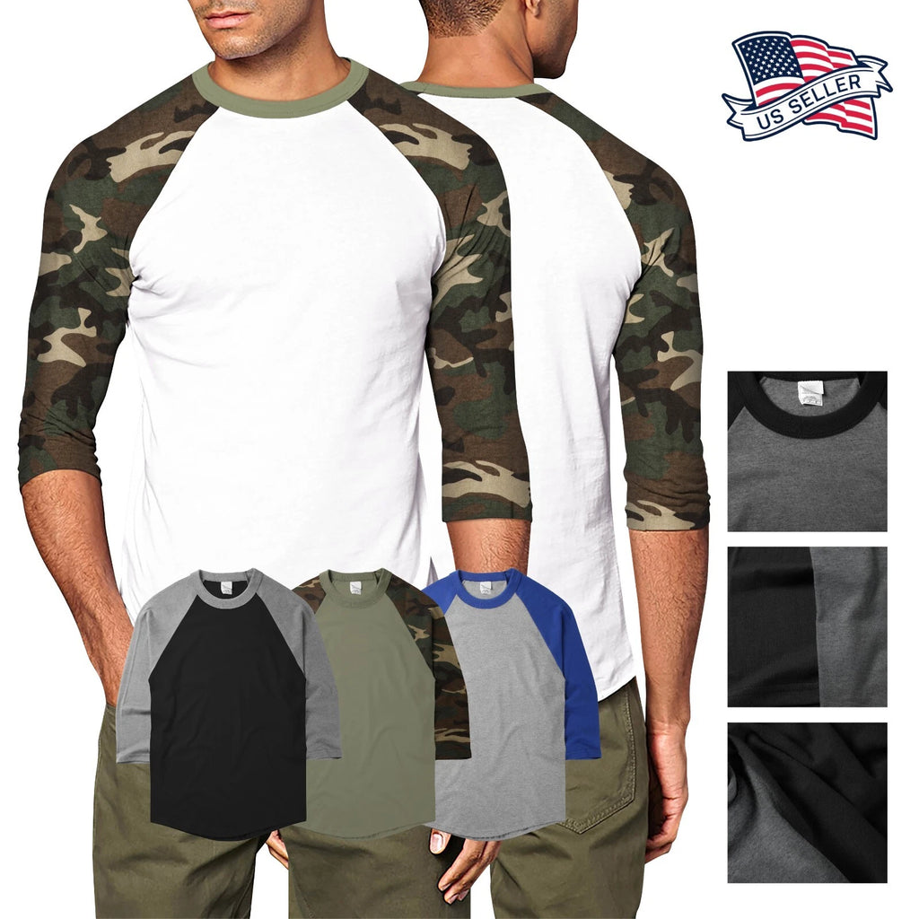 Mens Raglan T Shirts Baseball Tee 3/4 Sleeve Casual Active Plain Solid Sports