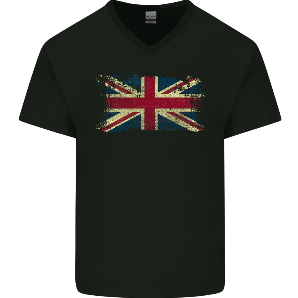 Distressed Great Britain Flag Union Jack UK Mens V-Neck Cotton T-Shirt